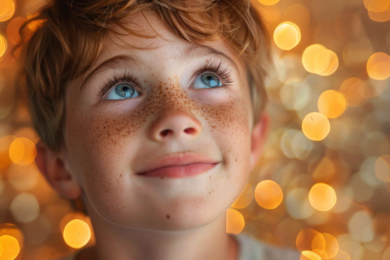 Un niño con pecas mirando hacia arriba y sonriendo | Fuente: Midjourney