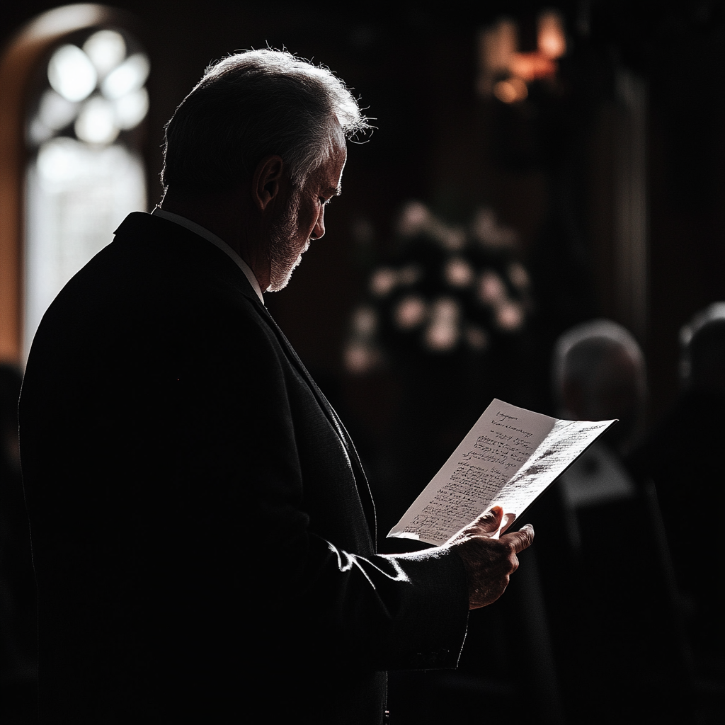 Hombre mayor leyendo una carta en un funeral | Fuente: Midjourney