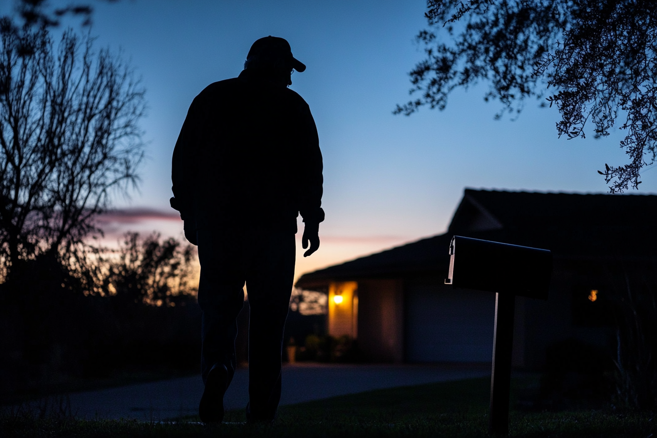 Silueta de un hombre acercándose a un buzón fuera de una casa por la noche | Fuente: Midjourney