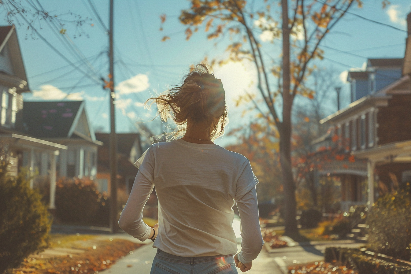 Una mujer corriendo por su barrio | Fuente: Midjourney