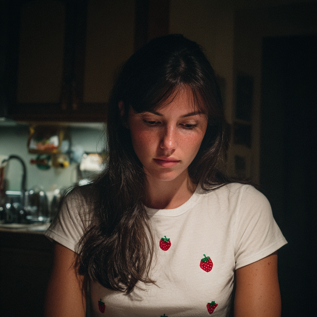 Una donna emotiva seduta a un tavolo | Fonte: Midjourney