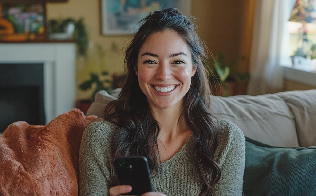 Una mujer sonriendo con su teléfono en la mano | Fuente: Midjourney