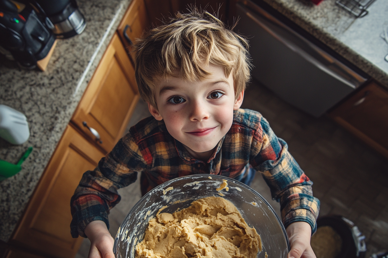 Un niño con un bol de masa de galletas | Fuente: Midjourney