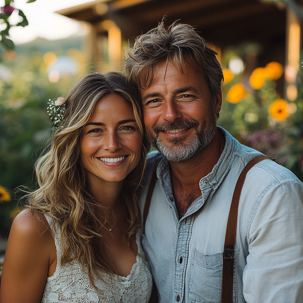 Una pareja sonriendo en su jardín | Fuente: Midjourney