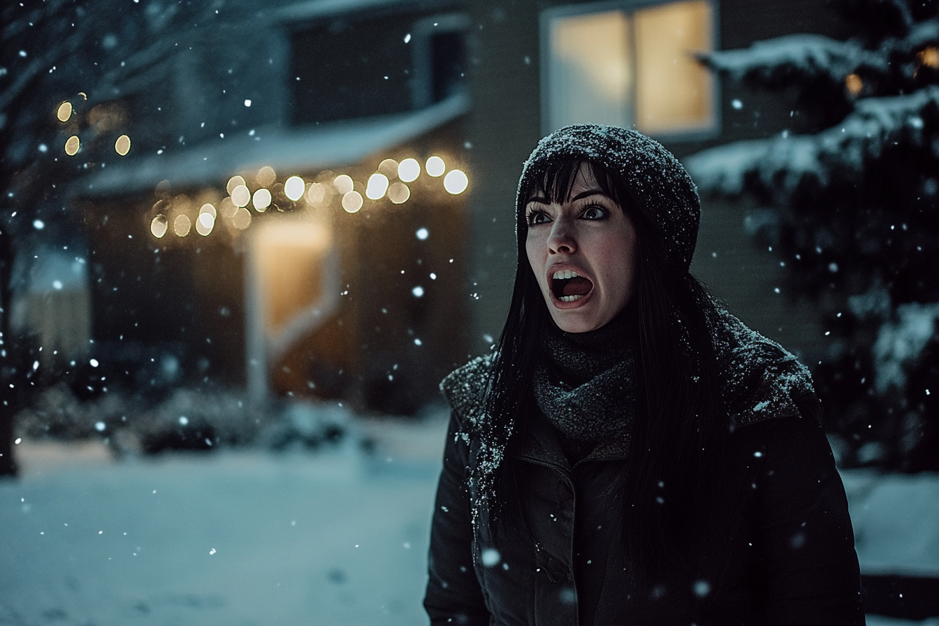 Una mujer gritando en un patio nevado | Fuente: Midjourney