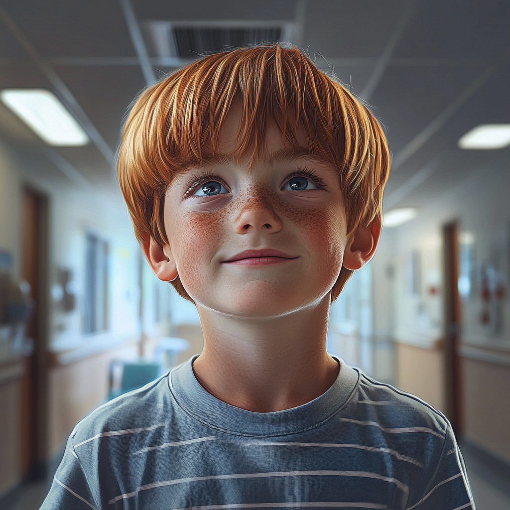 Un niño sonriente en el pasillo del hospital | Fuente: Midjourney