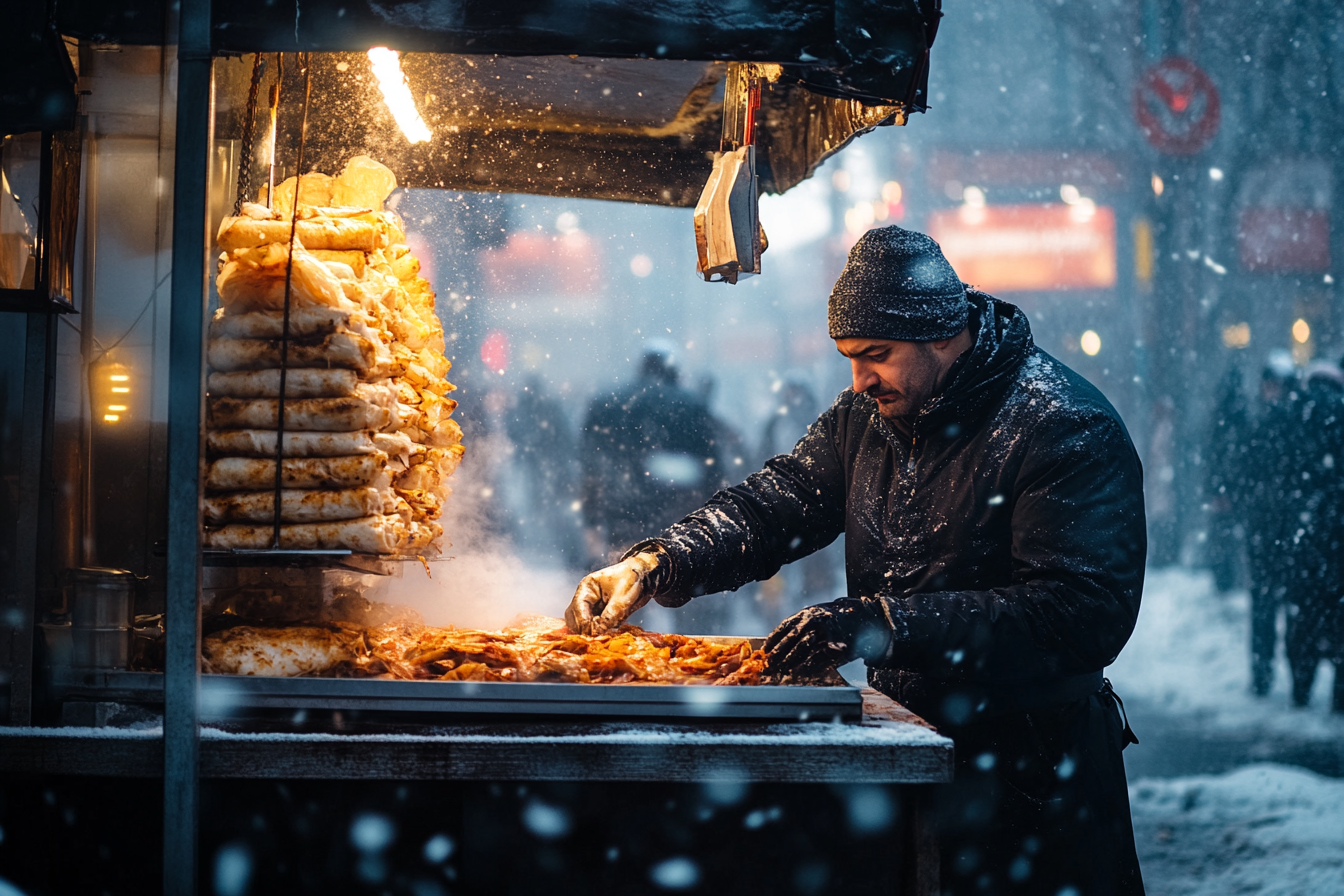 Un puesto de shawarma con un vendedor trabajando en un frío día de viento y nieve | Fuente: Midjourney