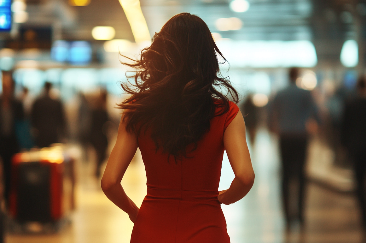 Una mujer corriendo por un aeropuerto | Fuente: Midjourney