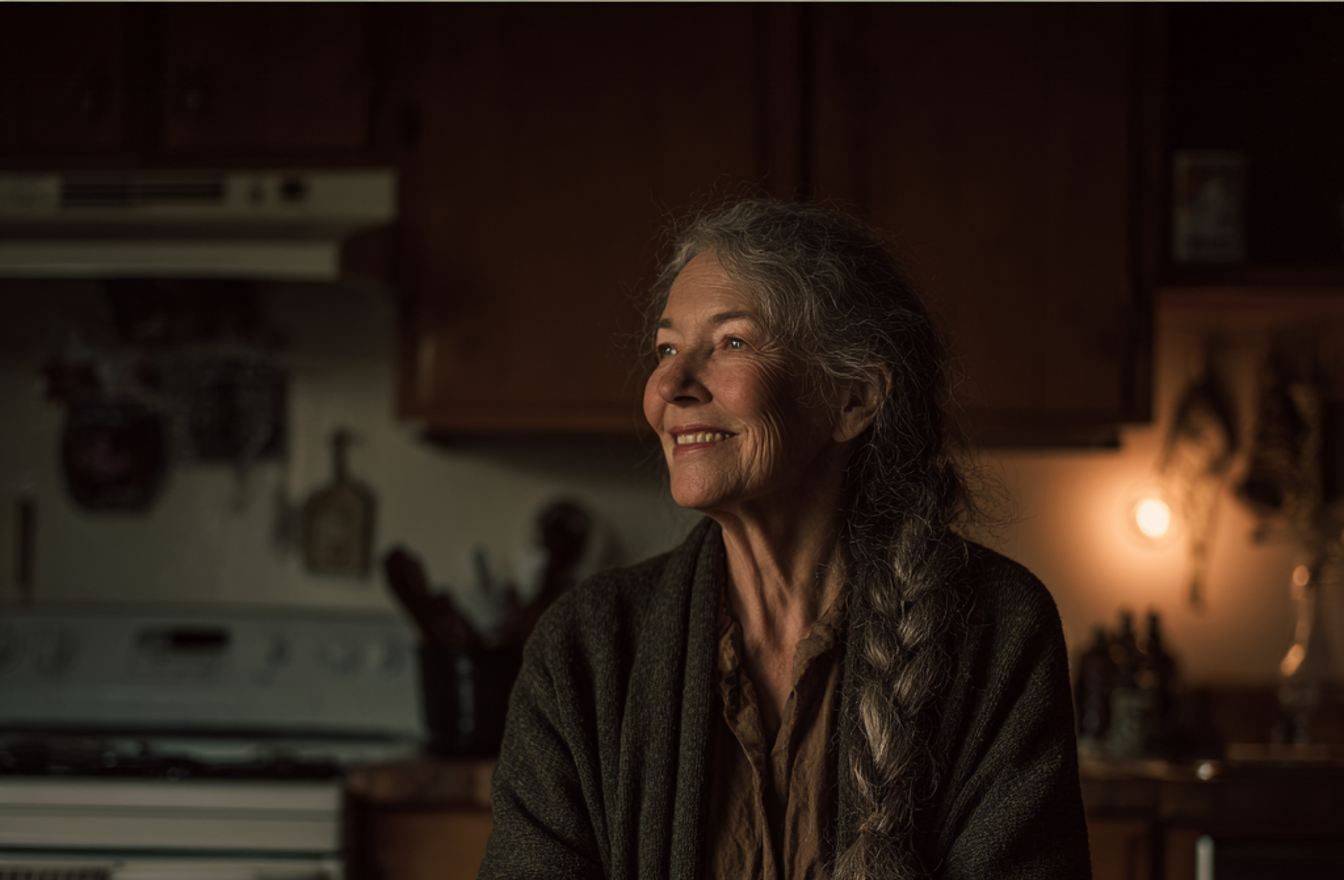 Una mujer mayor sonriente sentada a una mesa | Fuente: Midjourney