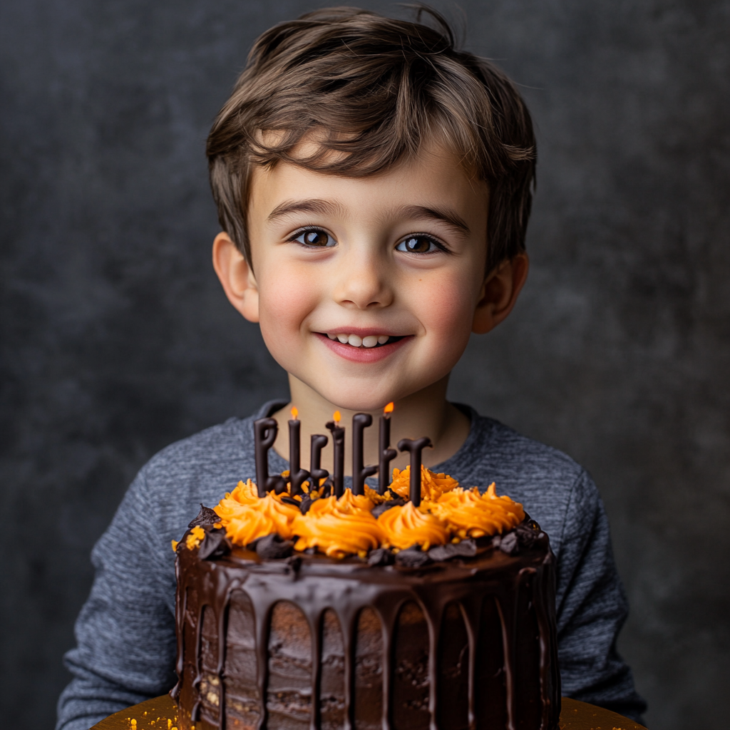 Un niño feliz con un pastel | Fuente: Midjourney