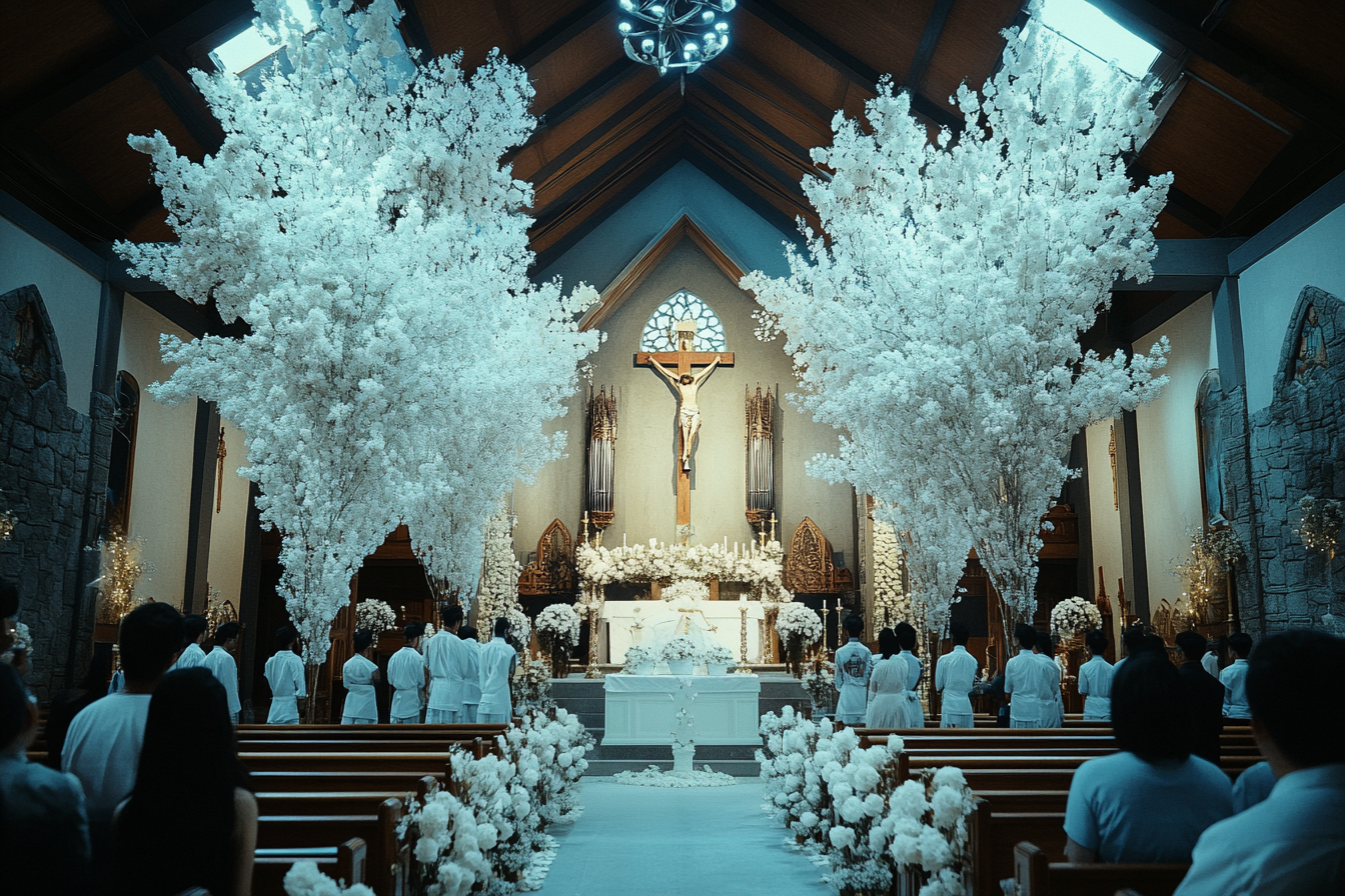 Gente vestida de blanco para una boda | Fuente: Midjourney