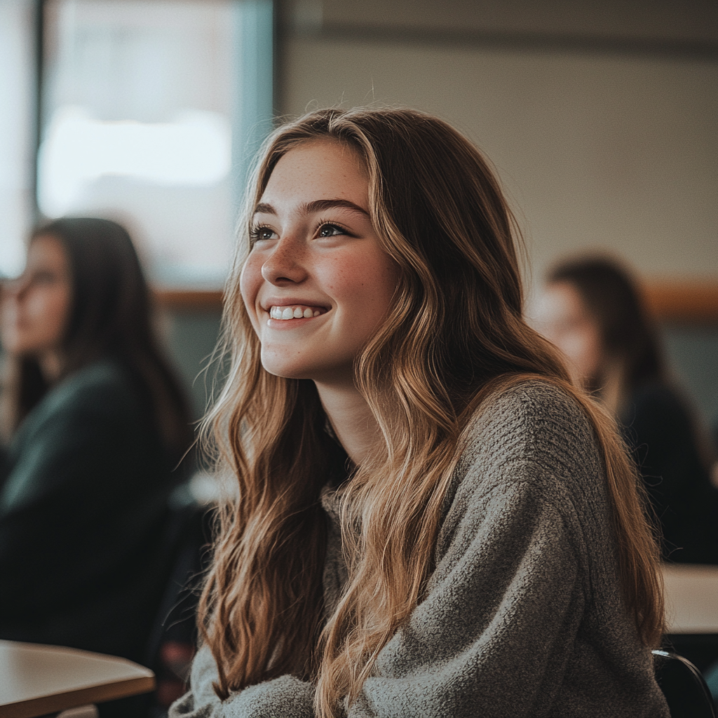 Una alumna sonriente de último curso de secundaria | Fuente: Midjourney