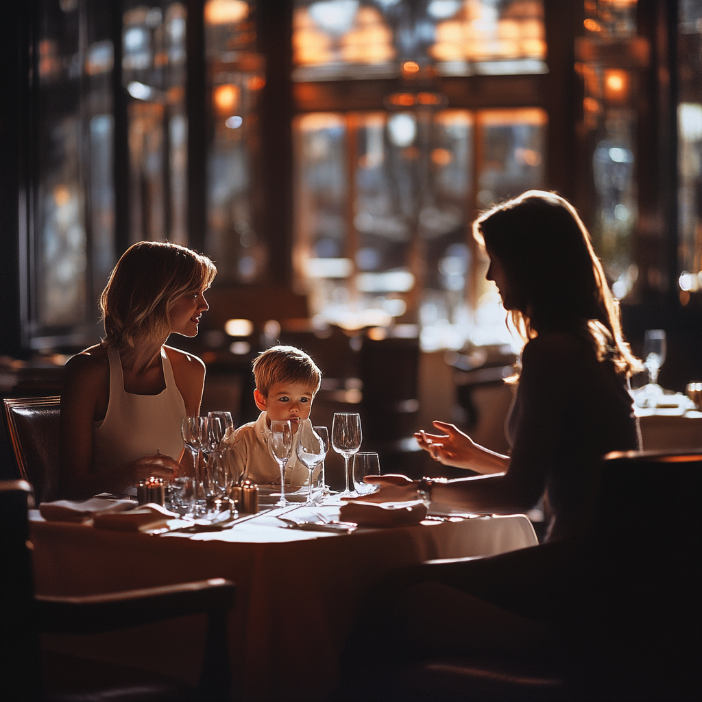 Mesonera hablando con madre e hijo en un restaurante | Fuente: Midjourney