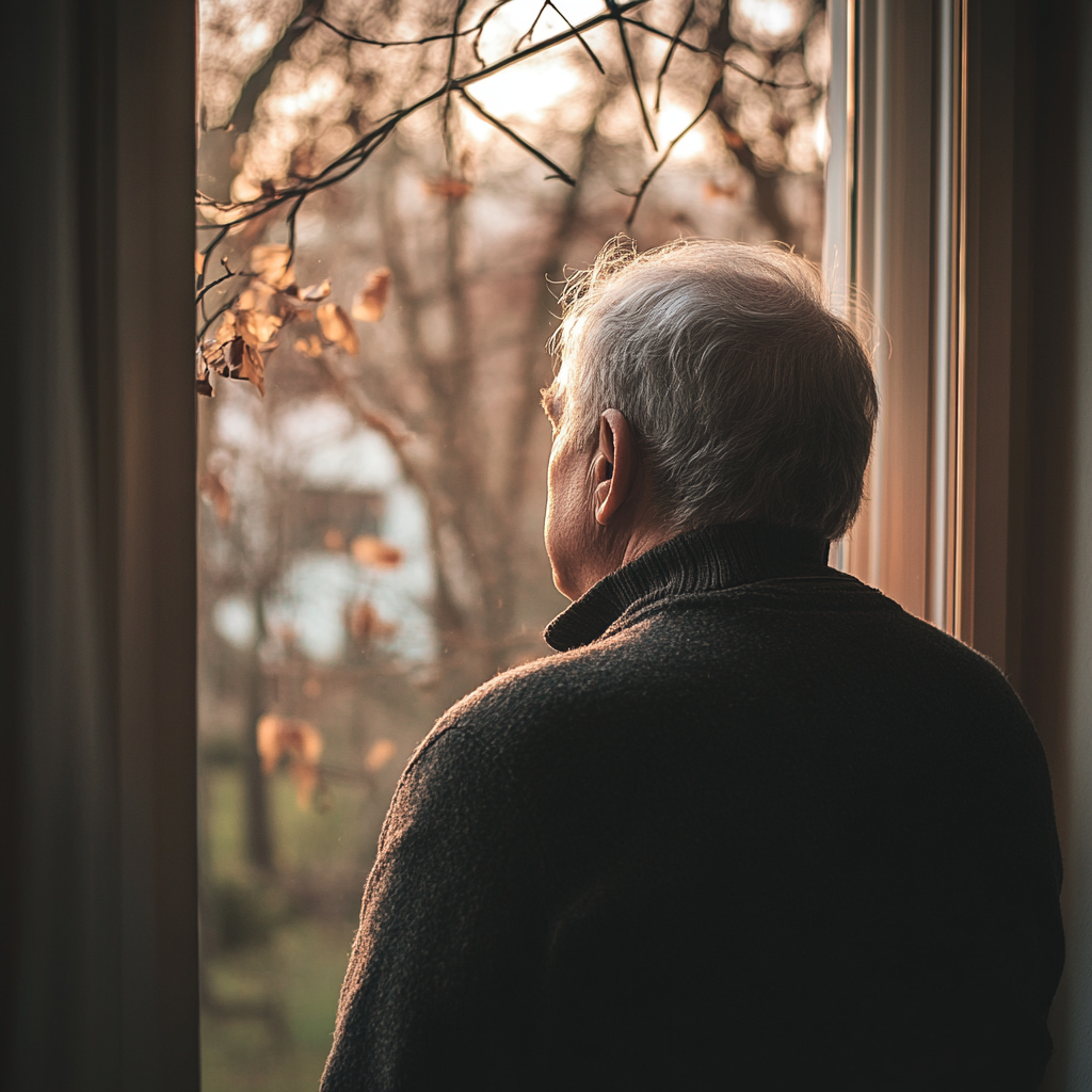 Un hombre delante de su ventana | Fuente: Midjourney