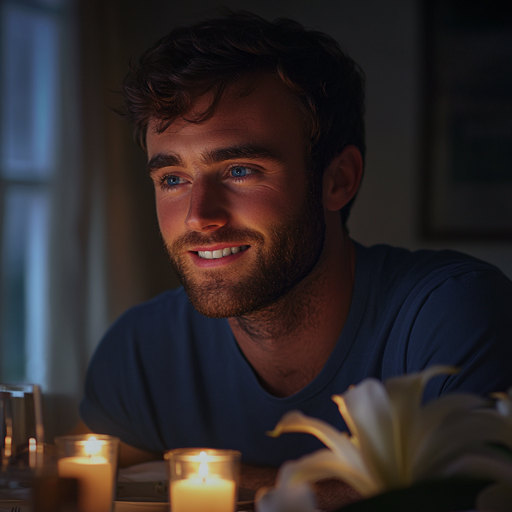 Un hombre sentado en una mesa de comedor y sonriendo | Fuente: Midjourney