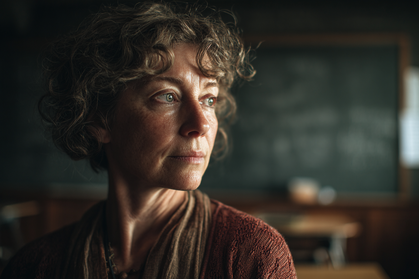 Una donna in piedi in un'aula scolastica | Fonte: Midjourney