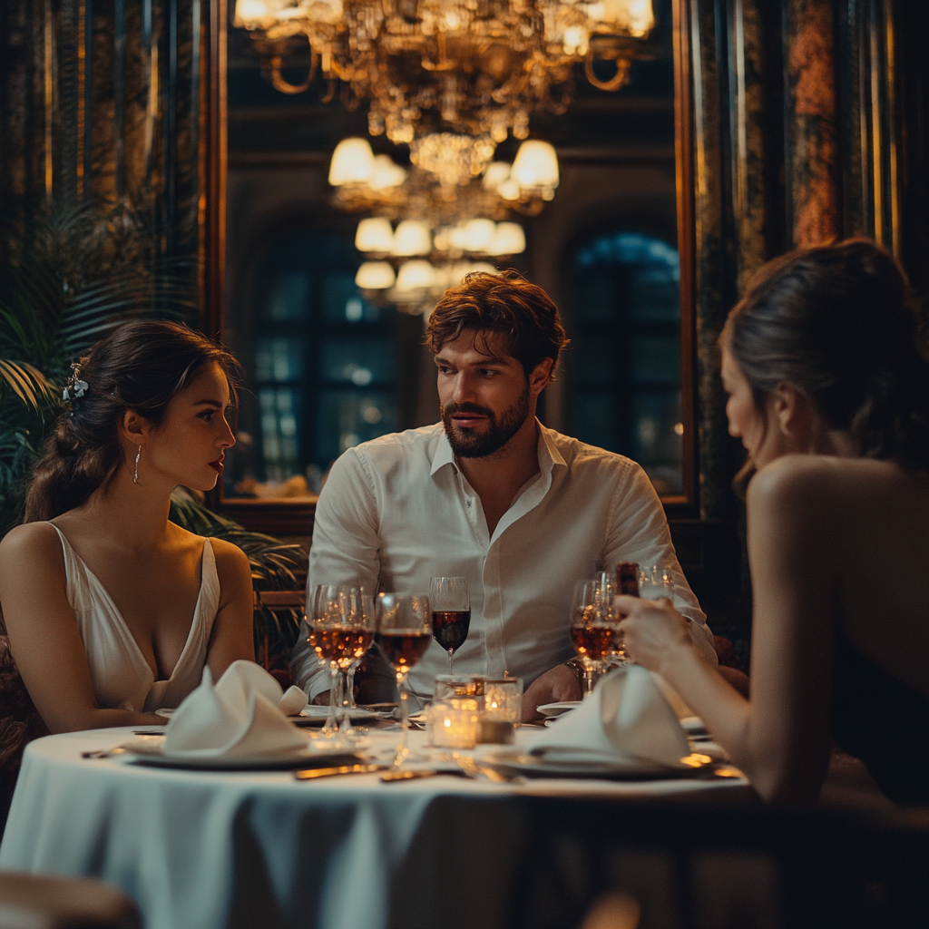 Hombre tenso hablando con dos mujeres en la mesa de un restaurante | Fuente: Midjourney