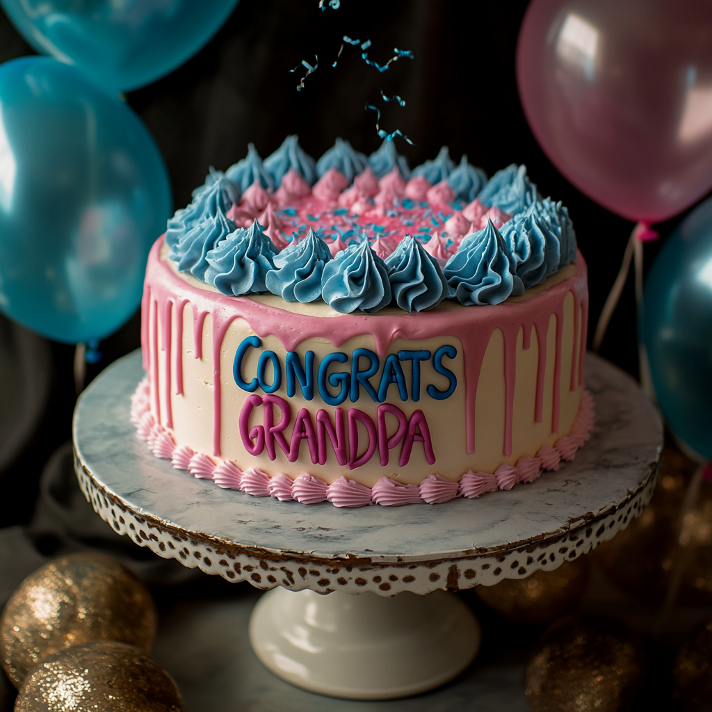 Pastel con las palabras "Felicidades, abuelo" y globos | Fuente: Midjourney