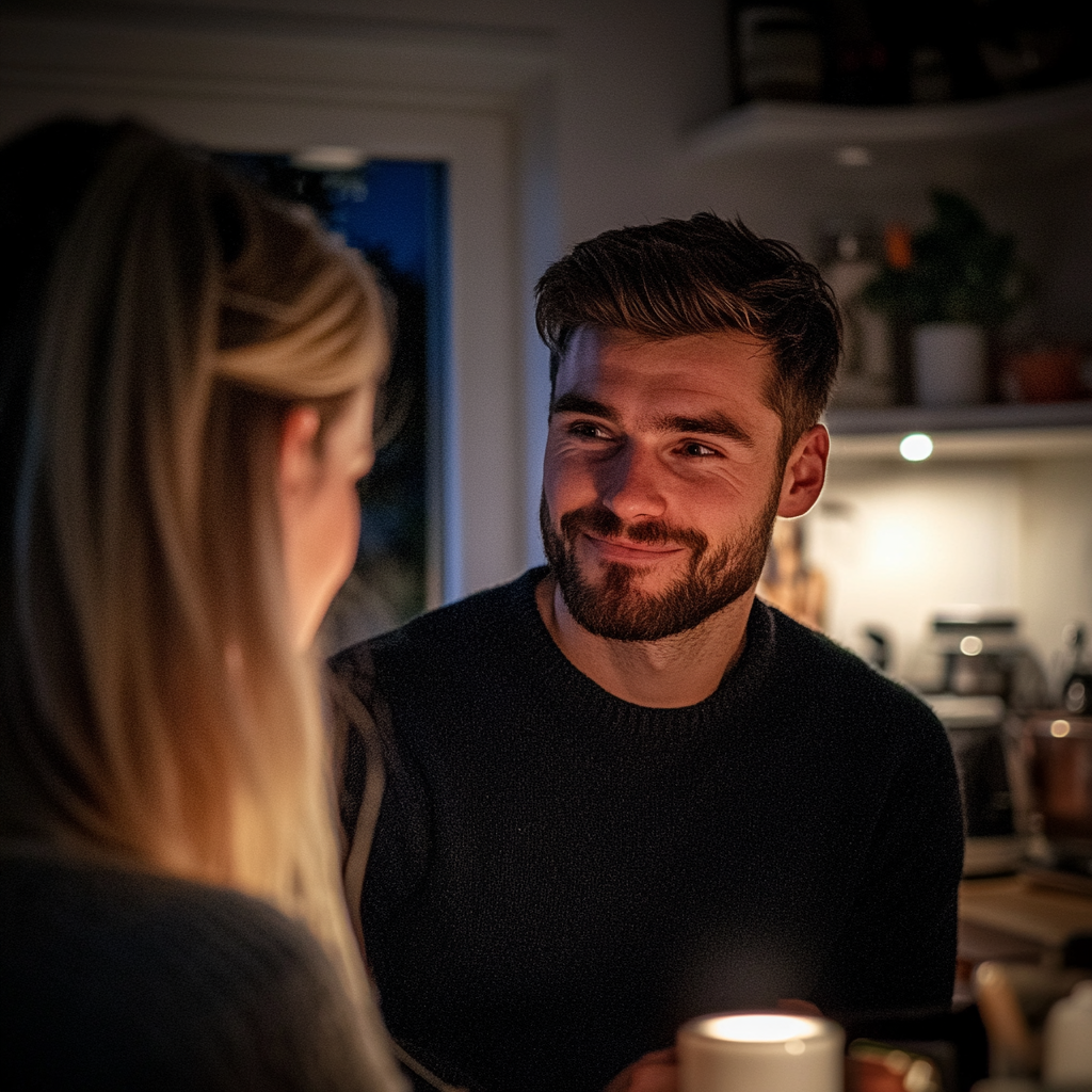 Un hombre con una pequeña sonrisa hablando con su mujer | Fuente: Midjourney