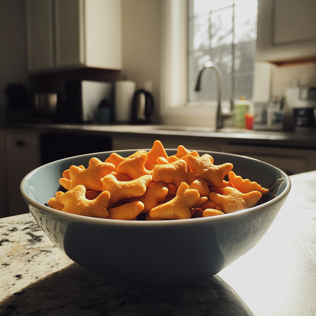Una ciotola di cracker sul bancone della cucina | Fonte: Midjourney
