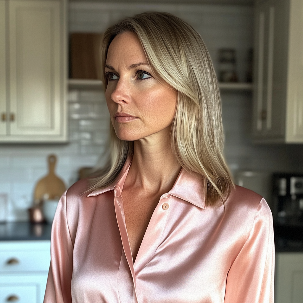 Una mujer de rostro severo con una blusa rosa | Fuente: Midjourney