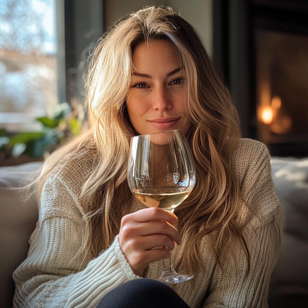 Mujer relajándose en casa con una copa de vino | Fuente: Midjourney