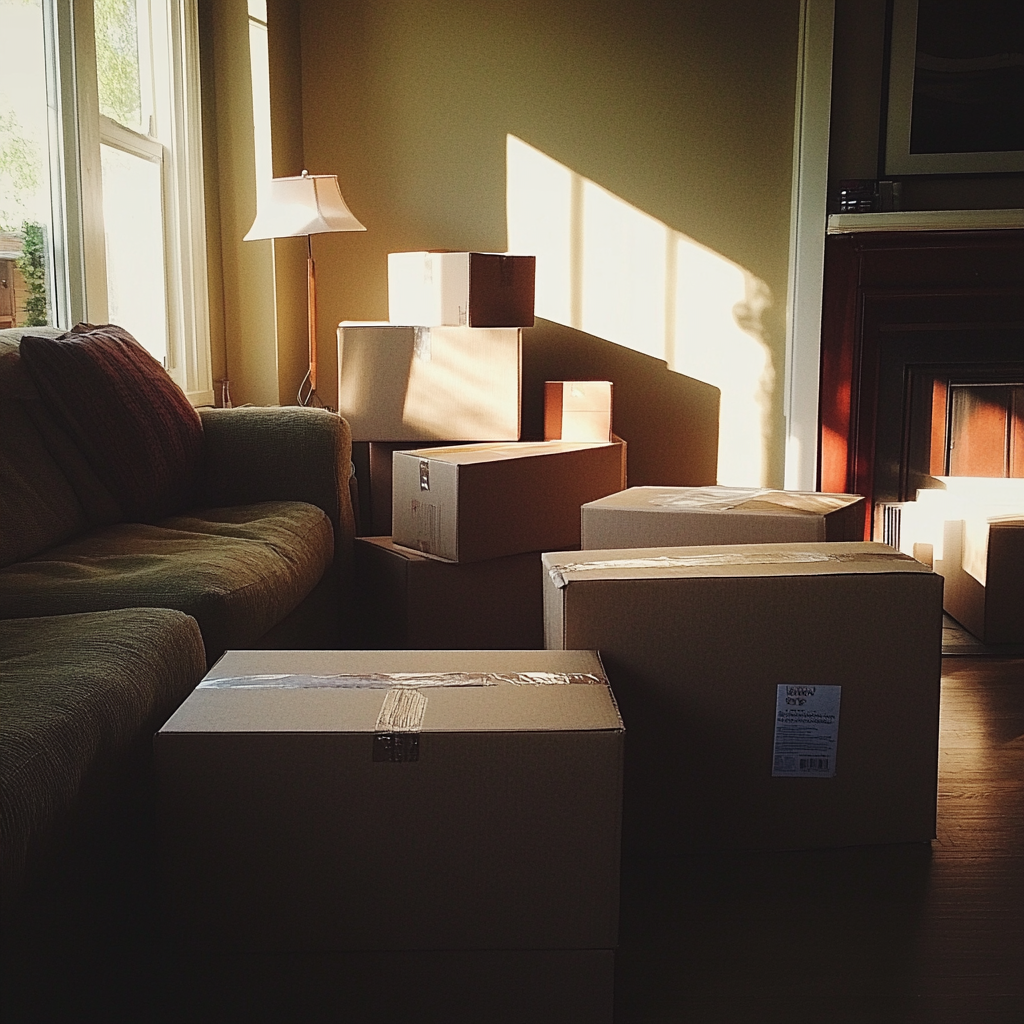 Cajas de cartón en un salón | Fuente: Midjourney
