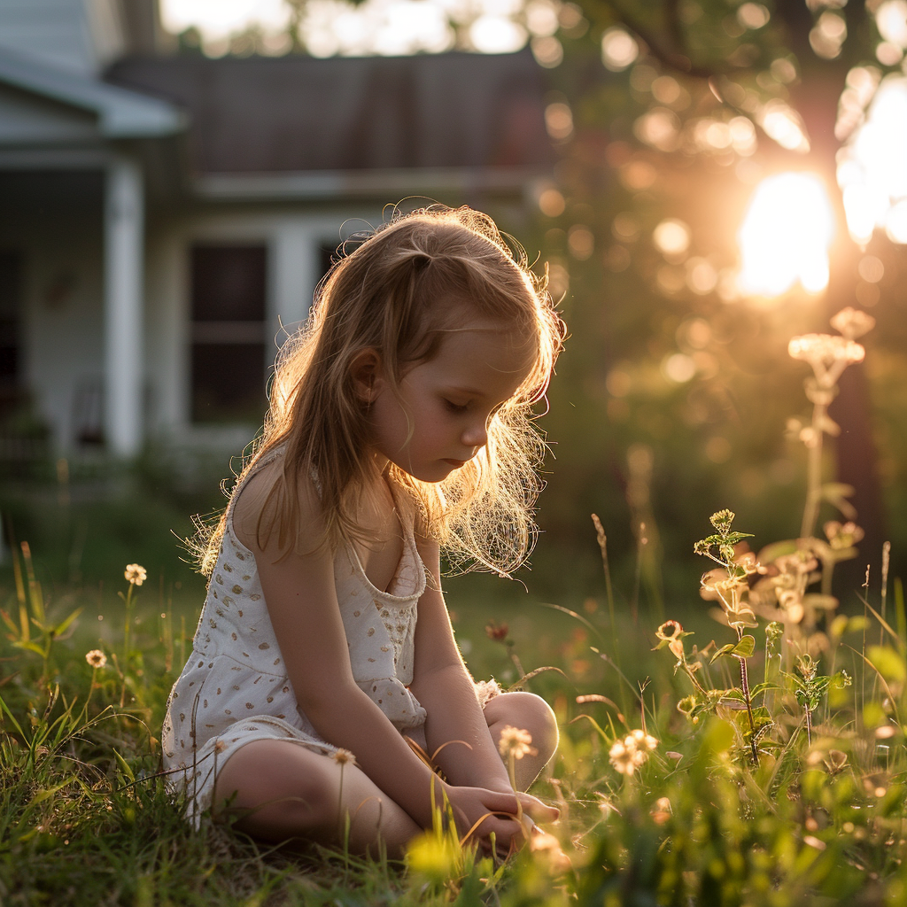 Una niña jugando sola en un patio | Fuente: Midjourney