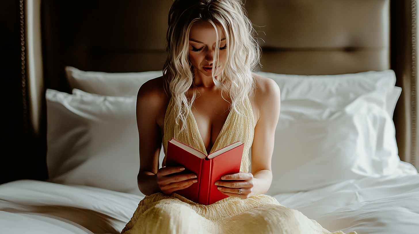 Mujer frustrada leyendo un libro rojo en la cama | Foto: Midjourney