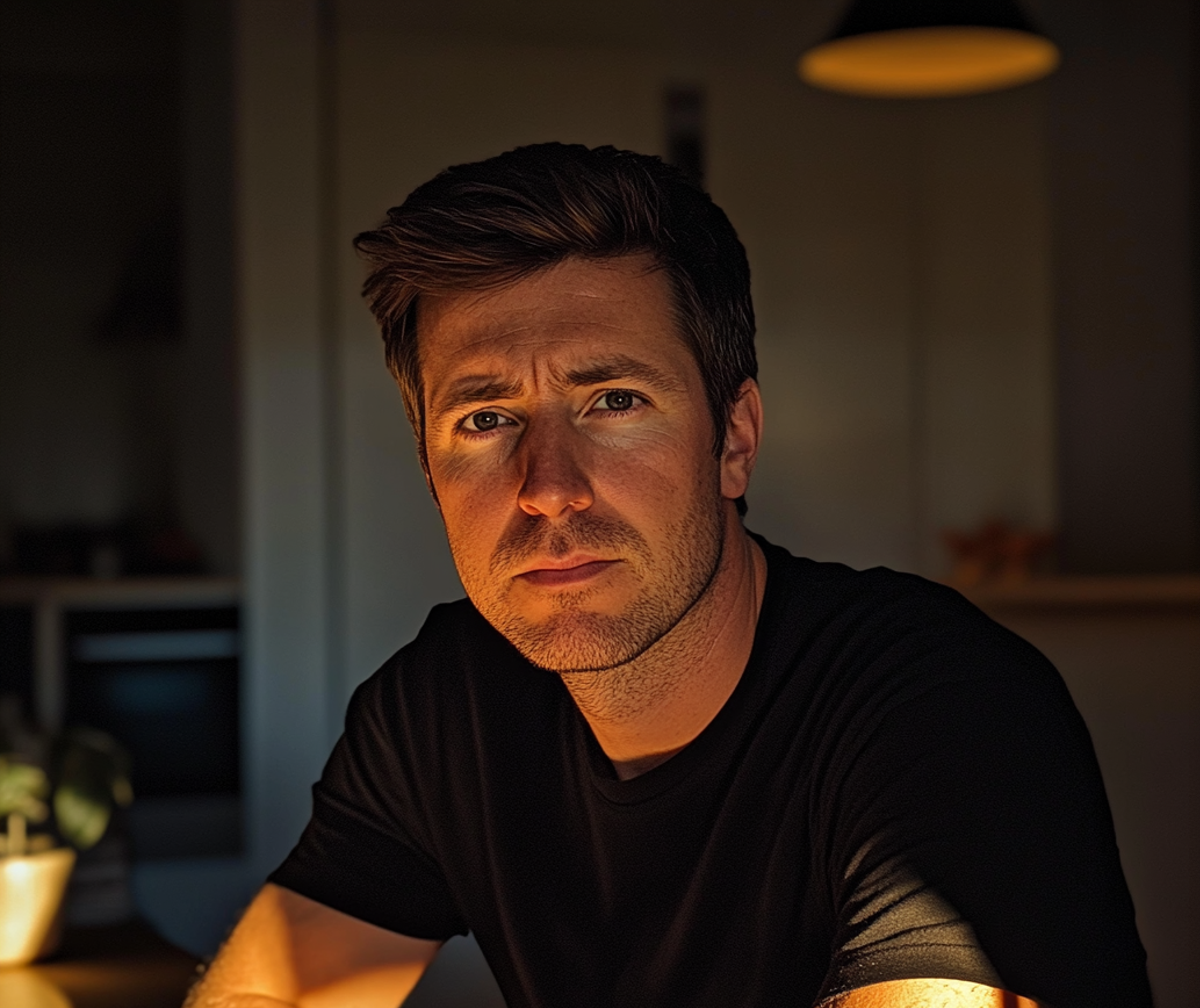 Un hombre preocupado sentado en una mesa | Fuente: Midjourney