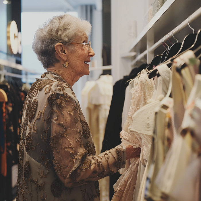 Una anciana revisando vestidos en una boutique | Fuente: Midjourney
