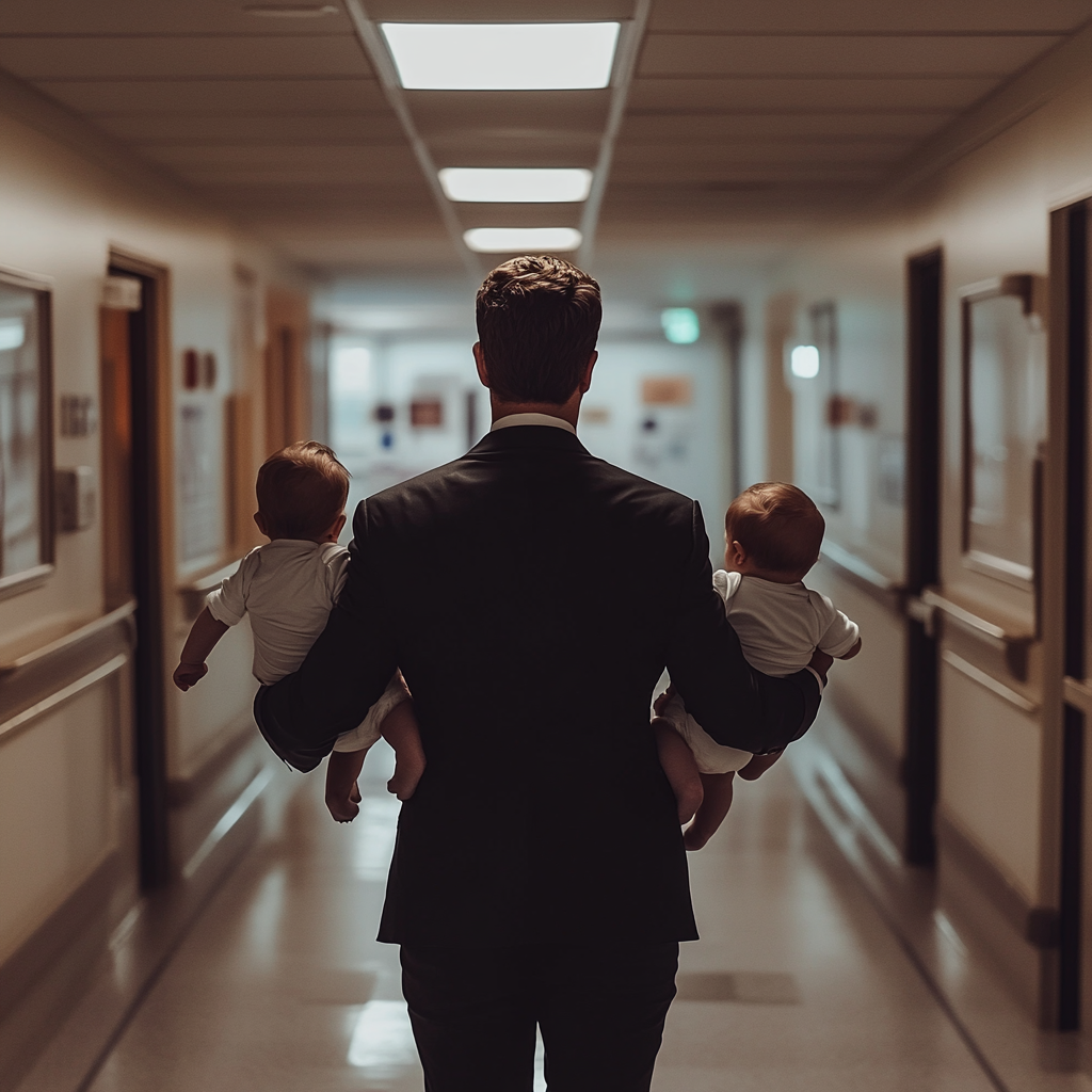 Un hombre saliendo con dos bebés en brazos de un hospital | Fuente: Midjourney