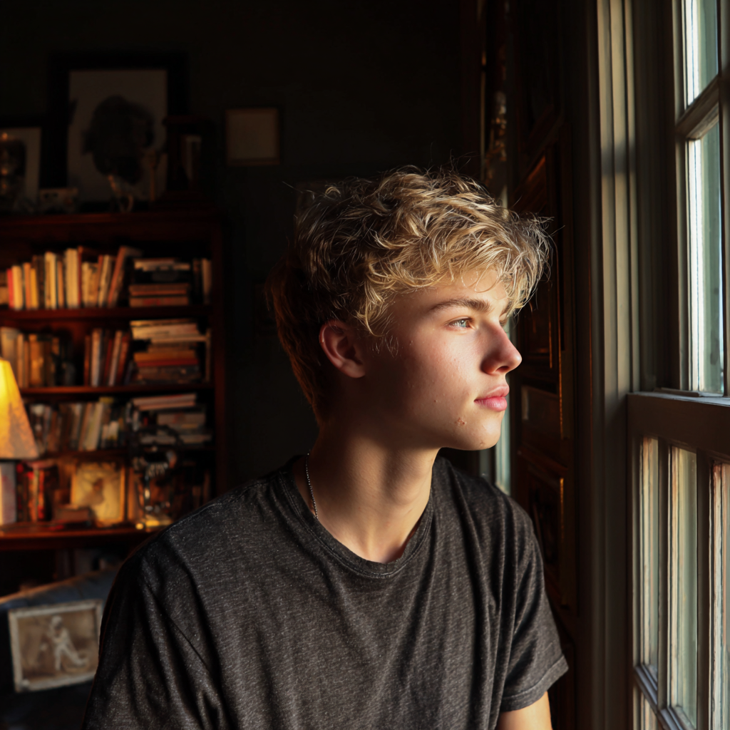 Un adolescente che guarda fuori dalla finestra | Fonte: Midjourney