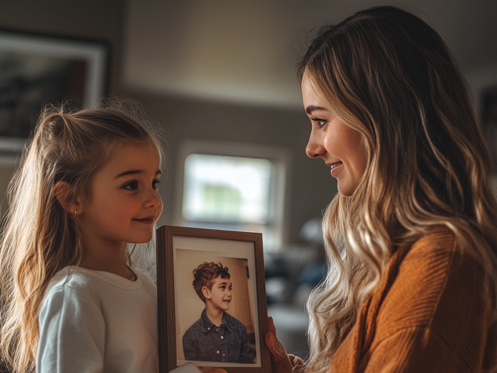 Niña mostrándole a la asistente de su padre la foto de su hermano | Fuente: Midjourney