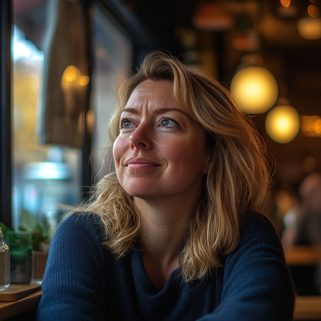 Una mujer fuerza una sonrisa mientras está sentada en un restaurante | Fuente: Midjourney