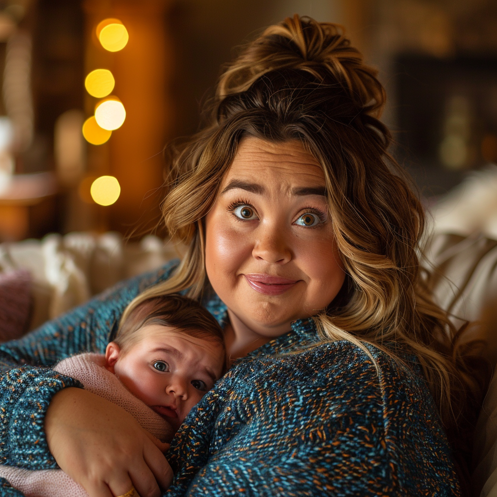 Mujer sonriente acunando a su bebé | Fuente: Midjourney