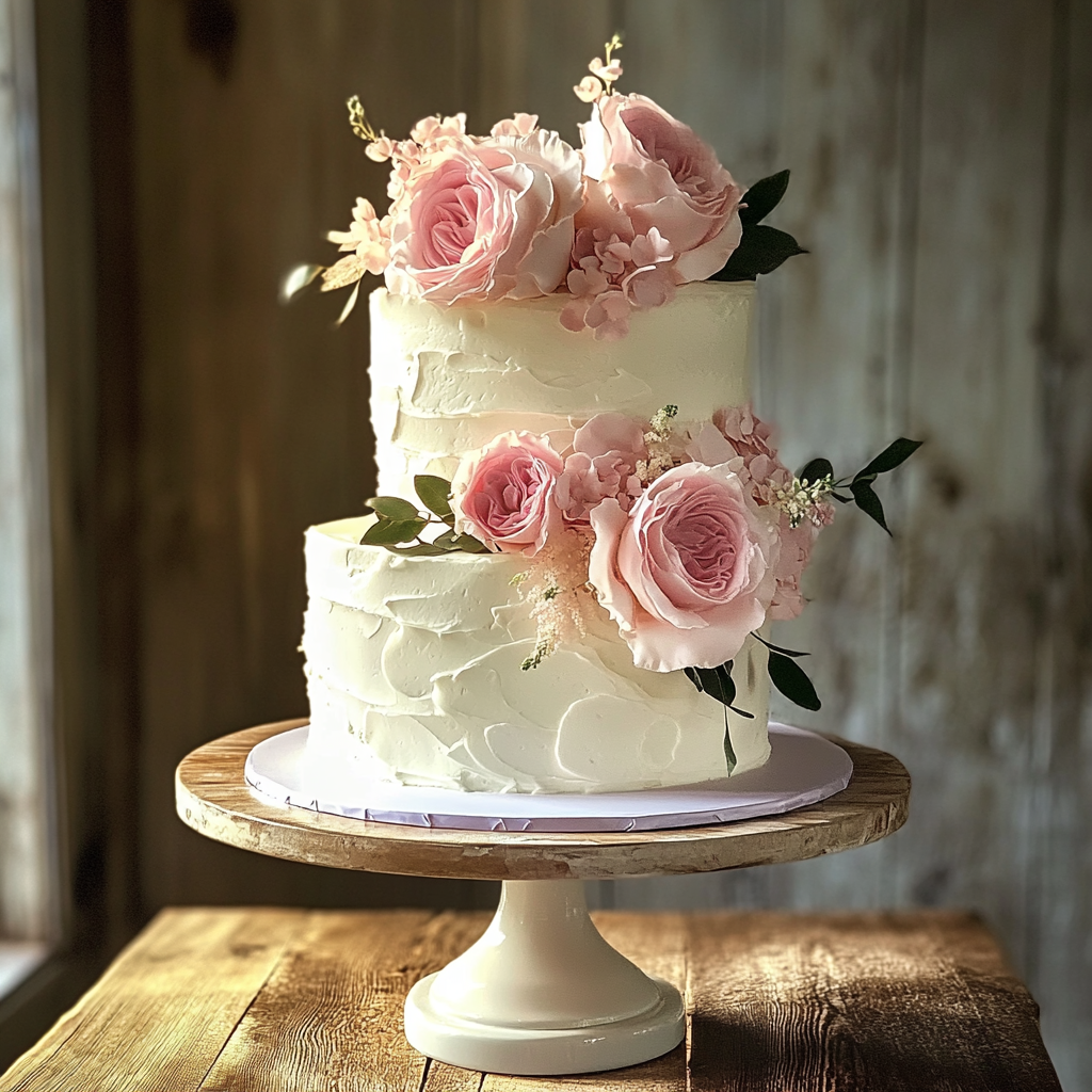 Pastel de boda sobre un pedestal | Fuente: Midjourney