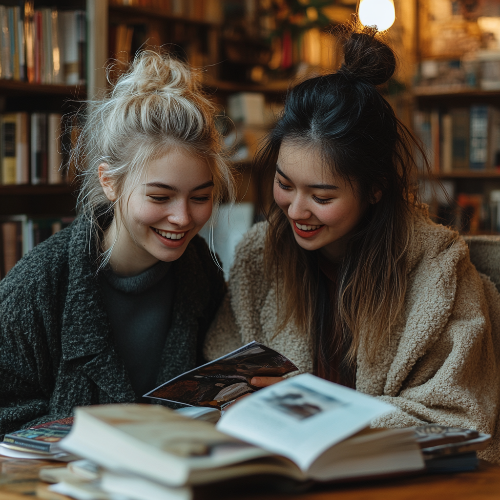 Mujeres mirando cuadernos de viaje | Fuente: Midjourney