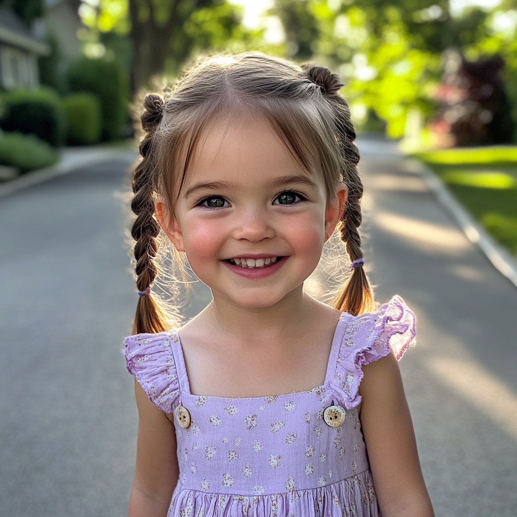 Una niña sonriente con un vestido lila | Fuente: Midjourney