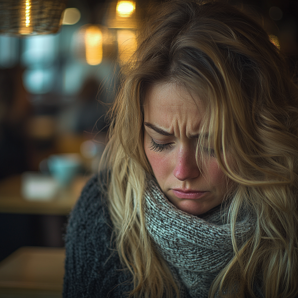 Una mujer extremadamente triste sentada en un café | Fuente: Midjourney