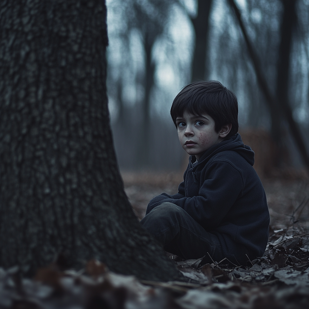 Un niño triste en el bosque | Fuente: Midjourney