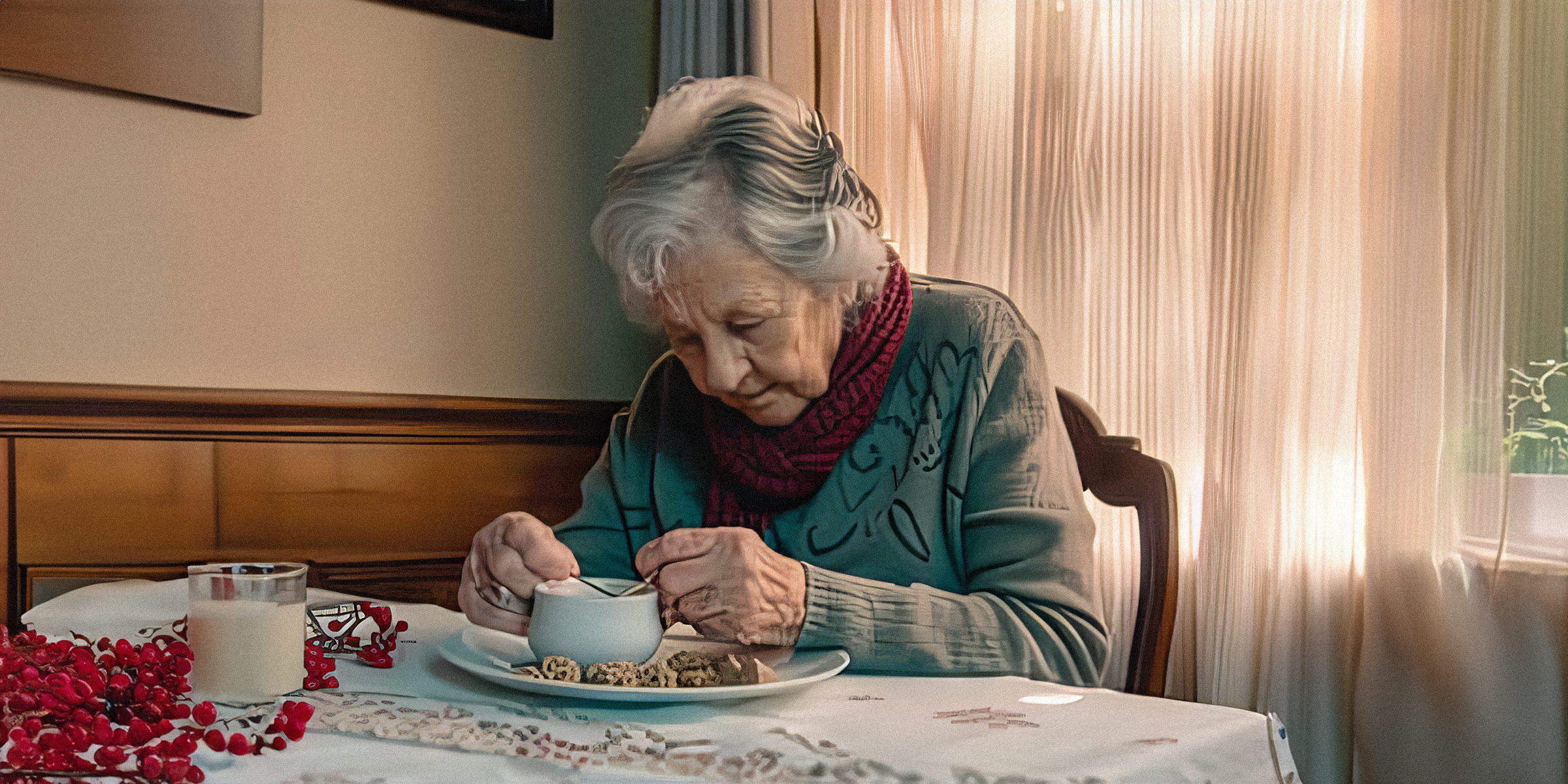 Una anciana tomando una bebida y pasteles | Fuente: Amomama