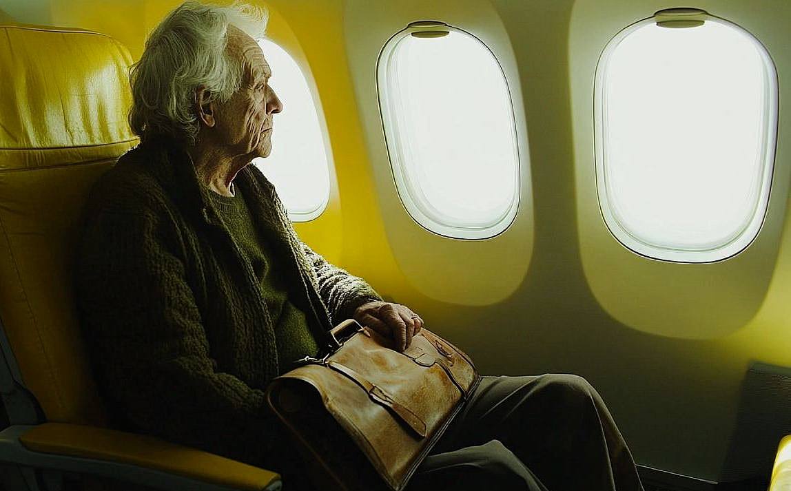 Anciano sentado en el avión amarillo | Fuente: Midjourney