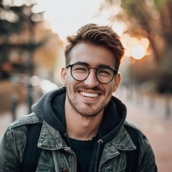 Un hombre sonriente con gafas | Fuente: Midjourney