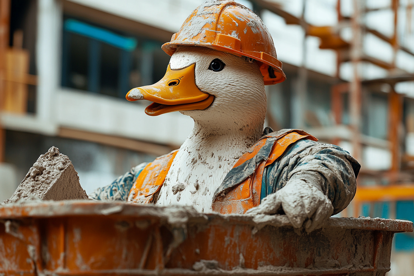 Un pato con uniforme de obrero de la construcción trabajando como yesero | Fuente: Midjourney