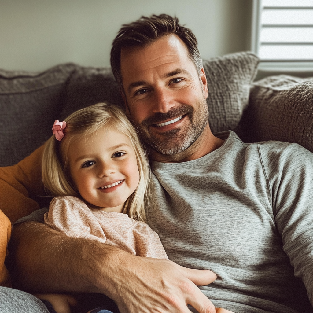 Un dúo de padre e hija sentados en un sofá | Fuente: Midjourney