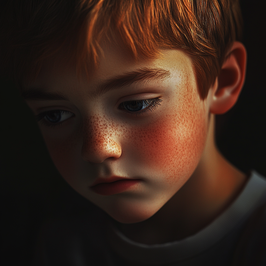 Un niño triste con la mirada gacha | Fuente: Midjourney