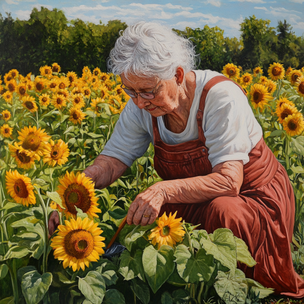 Una abuela trabajando en su huerto de girasoles | Fuente: Midjourney