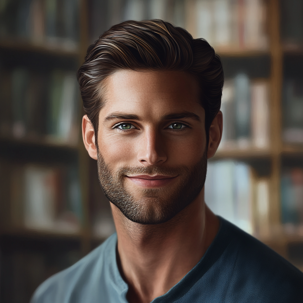 Un hombre sonriendo en una biblioteca | Fuente: Midjourney