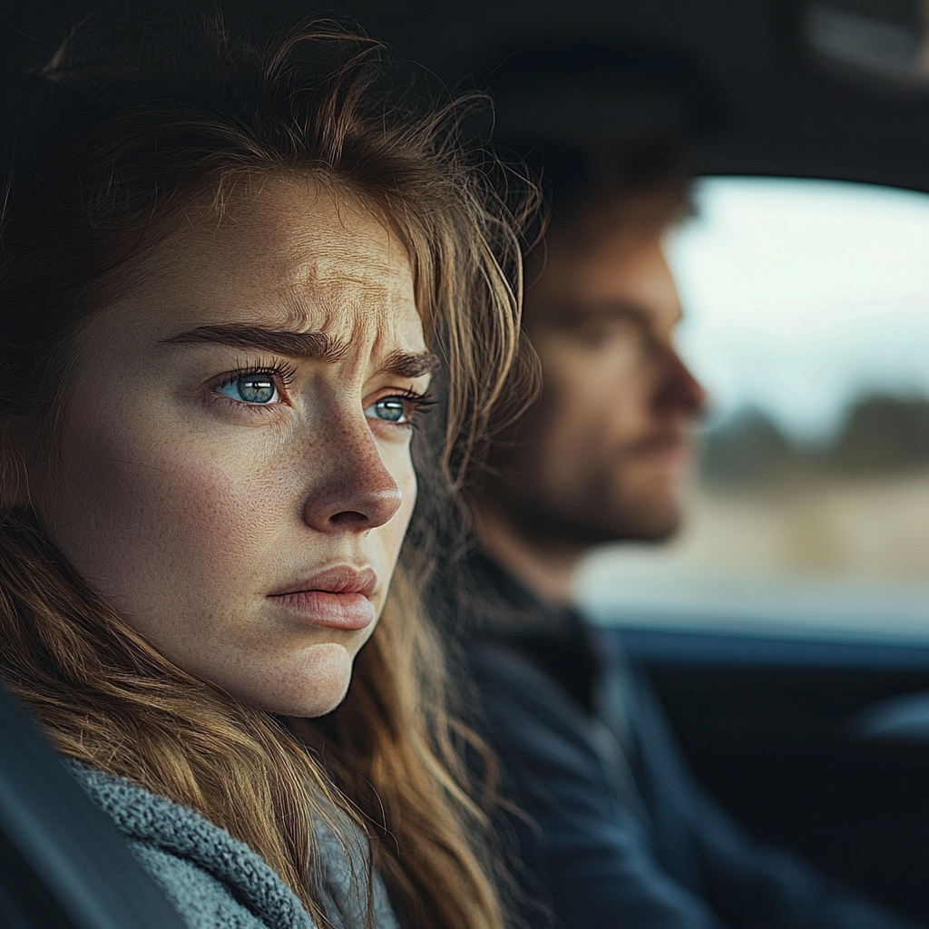 Una mujer triste mirando por la ventanilla del Automóvil | Fuente: Midjourney